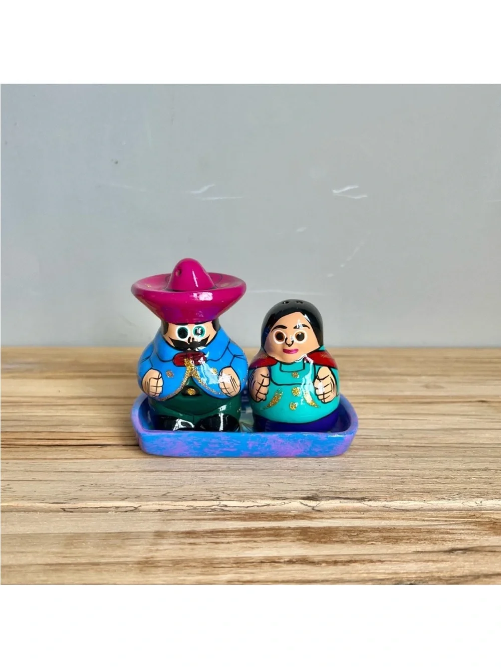 Mexican Pottery Salt And Pepper Shakers With Under Plate